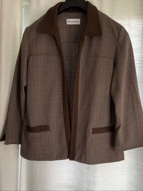 Alfred Dunner Brown Herringbone Open-Front Blazer with Dark Brown Trim